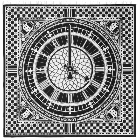 BURBERRY black monochrome CLOCK TB monogram BIG BEN graphic 35"-squre Silk scarf - Picture 1 of 7